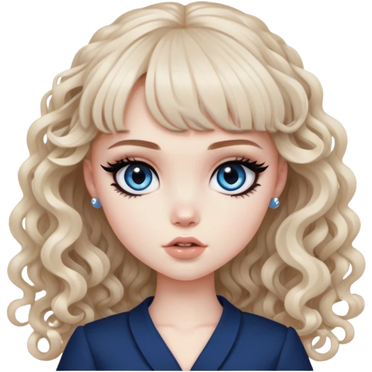 pale skin, bangs long curly brown hair, dark blue eyes, black eyeliner, pretty bratz baddie emoji