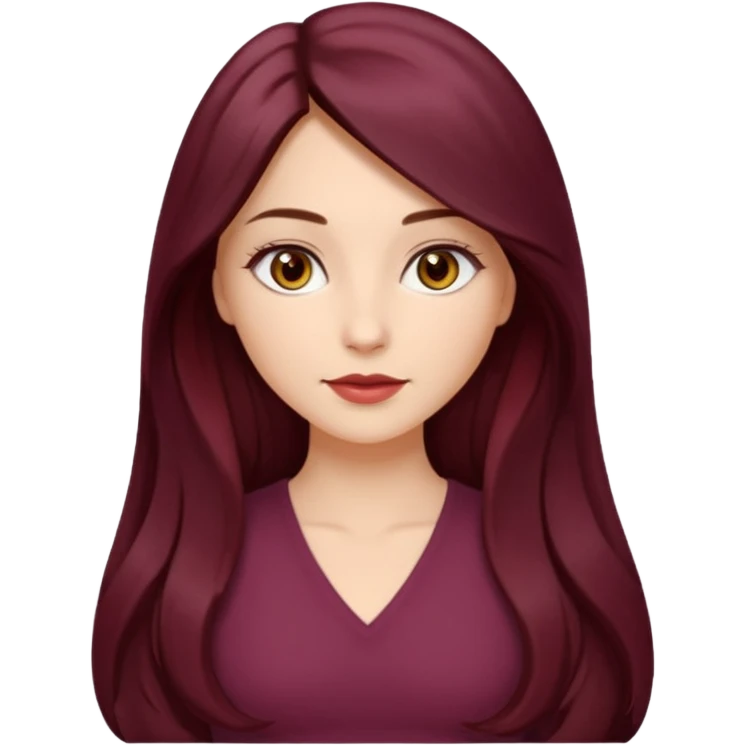 young white woman 
brown almond eyes
Long waist-long hair, center parted
slightly wavy
dark burgundy hair emoji