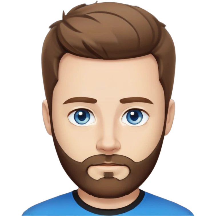 a man with short, styled brown hair and a full, neatly trimmed beard. He has light skin, blue eyes, and is looking directly at the camera with a neutral, calm expression. He’s wearing a black T-shirt emoji