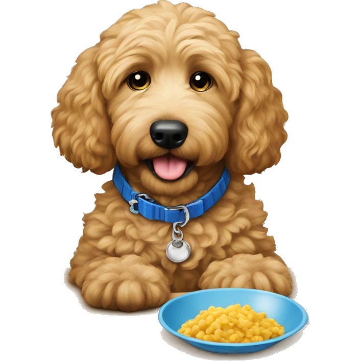 Goldendoodle with blue collar is eating  emoji