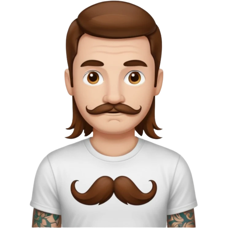 A DEVELOPER WITH A laptop, USING t-shirt, long hair, mustache, tattoo, piercing emoji