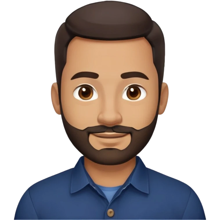 Robust warm-looking man in his early 40s with light brown skin, round face, full cheeks, medium brown eyes, thick eyebrows, wide nose, friendly smile, short neat full beard, very short dark hair, wearing a navy blue button-up shirt emoji