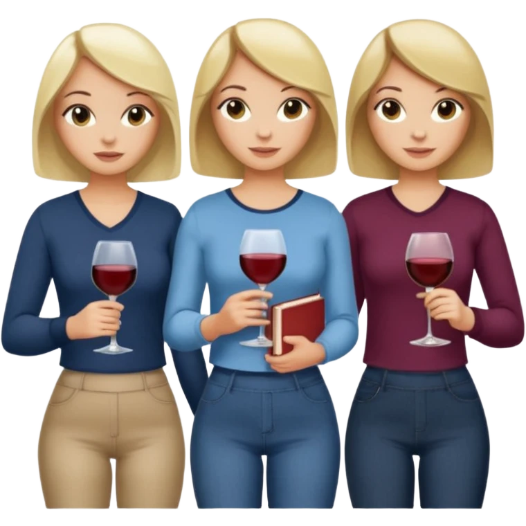 4 gals from the waist up in a casual top, each holding books and a wine glass. One has a blonde bob, one has a brunette bob, one has blonde long hair, and one has brunette long hair. emoji