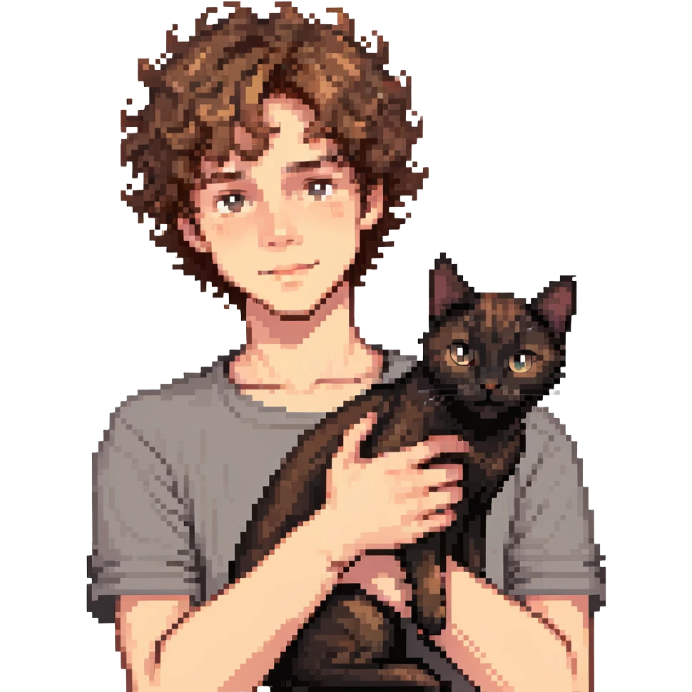 young male with brown light skin, slightly curly hair, holding a black cat emoji