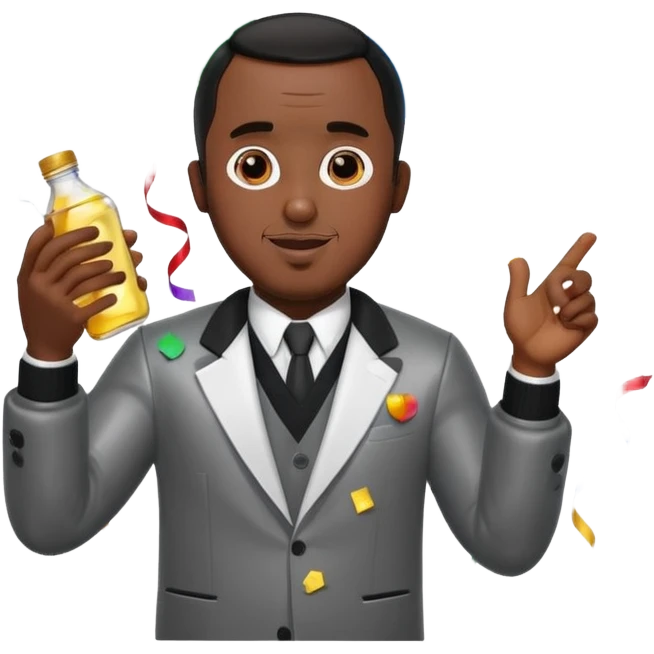 Diddy holding baby oil at a party with balloons and confetti and banners oiled up emoji
