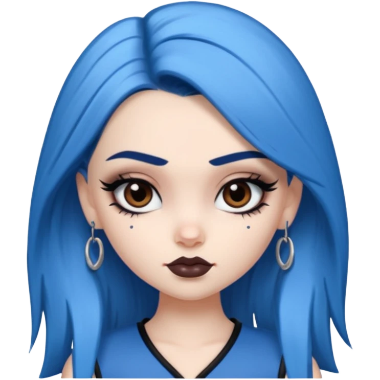 pale skin, bratz baddie, beautiful dark brown eyes,dark eyebrows, eyeliner, blue hair emoji