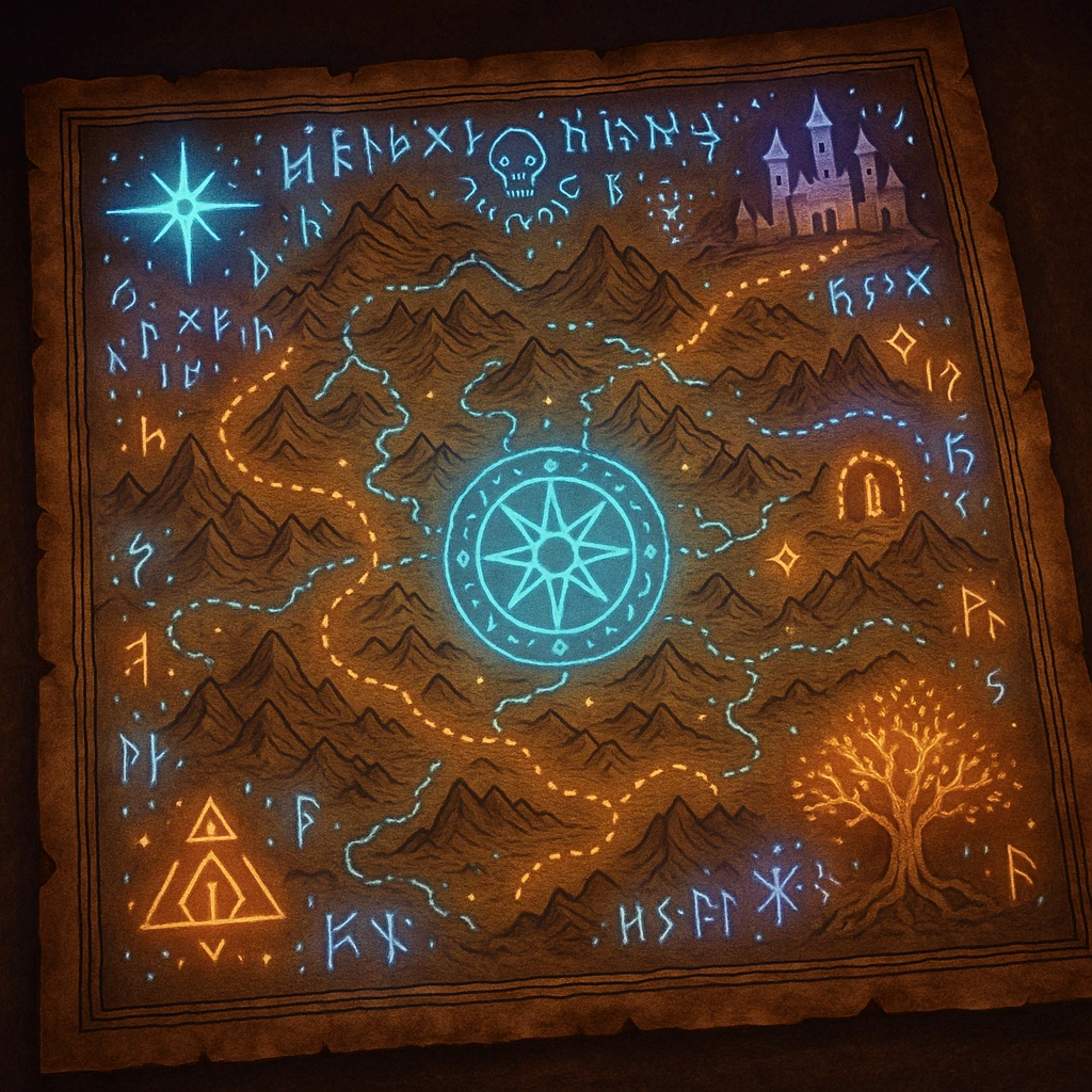 a magic map, glowing with enchanted symbols, fantasy style emoji