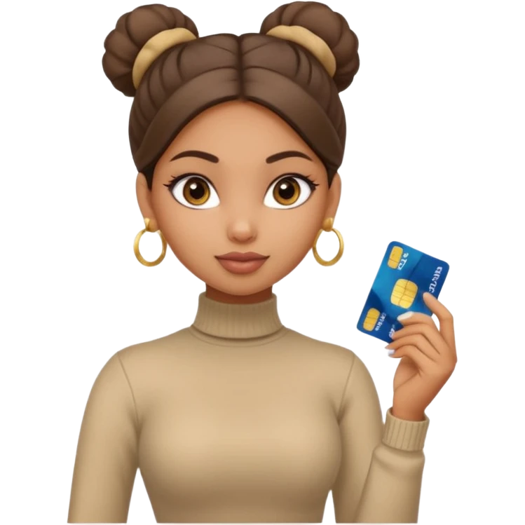 a pretty bratz fair indian girl wearing a beige turtleneck, golden earrings, bun, holding bank cards emoji