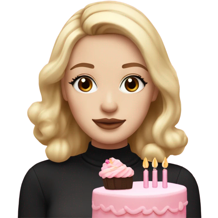 White girl with blonde medium length straight hair, pink lips, dark eyes, black turtleneck, white and pink birthday cake in hands emoji