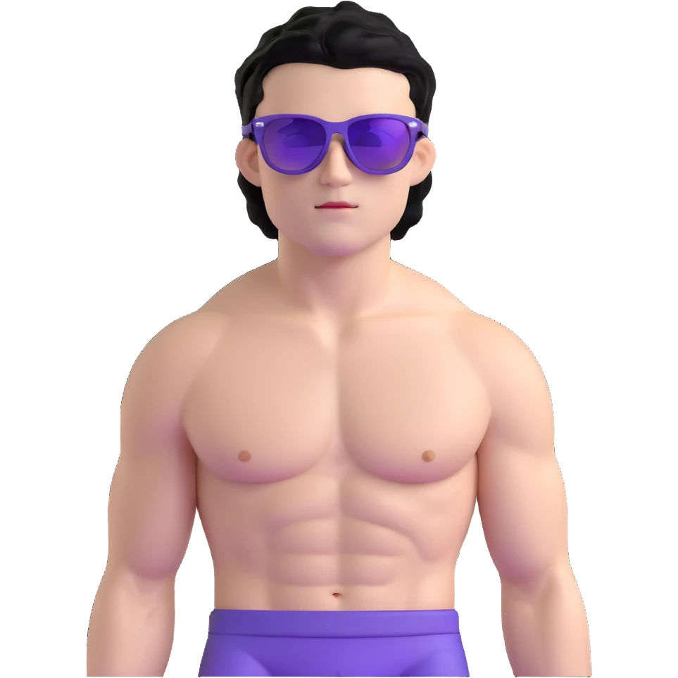 shirtless male athlete with white skin and moderately curly black hair on top with shaved sides, wearing purple sunglasses with black tinted lenses emoji