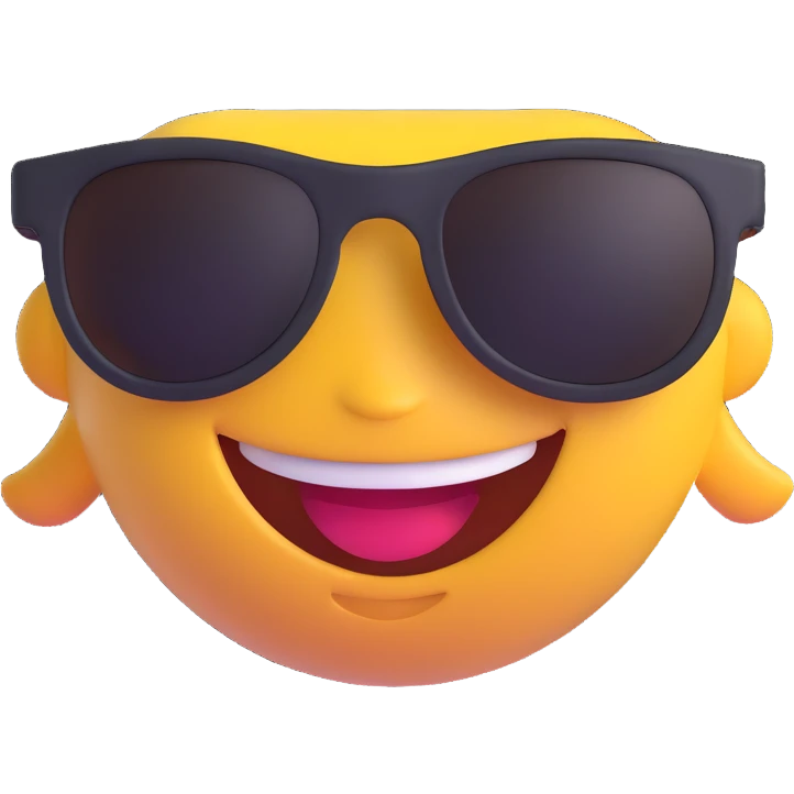 3D emoji of a person with a big smile and sunglasses, joyful expression, 'Enjoy' style emoji