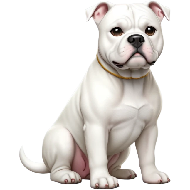 cinematic-[solid white american bulldog]-realistic-full-body-sitting-emoji,-tail-resting-loosely-beside-its-paws,-head-tilted-dramatically,-sleek-[solid white]-fur,-simplified-yet-realistic-focused-features,-highly-detailed,-glowing-with-an-almost-sarcastic-glow emoji