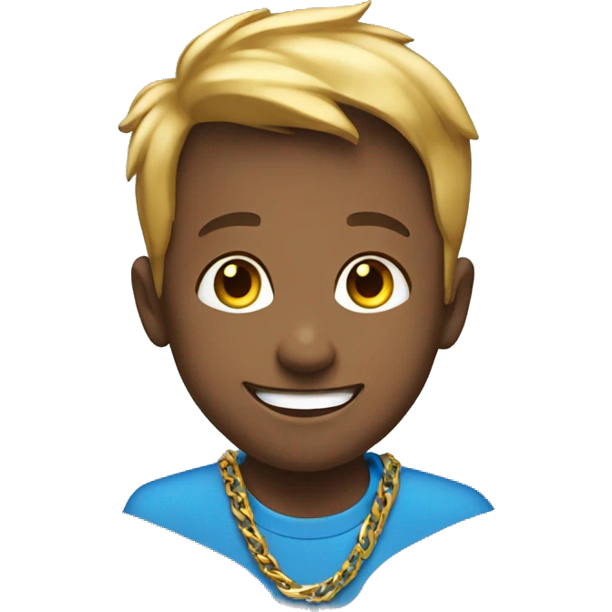 smiling boy in blue shirt gold chain emoji