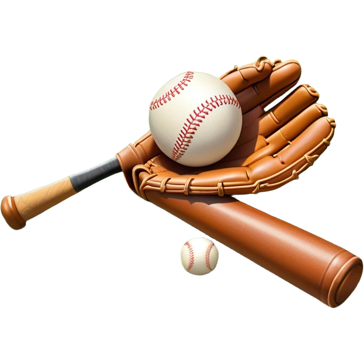 A baseball bat, ball, and glove placed on the grass of a baseball field, with the diamond and base lines clearly visible in the background. The scene captures the essence of the sport, with the equipment ready for action on the neatly marked field. emoji
