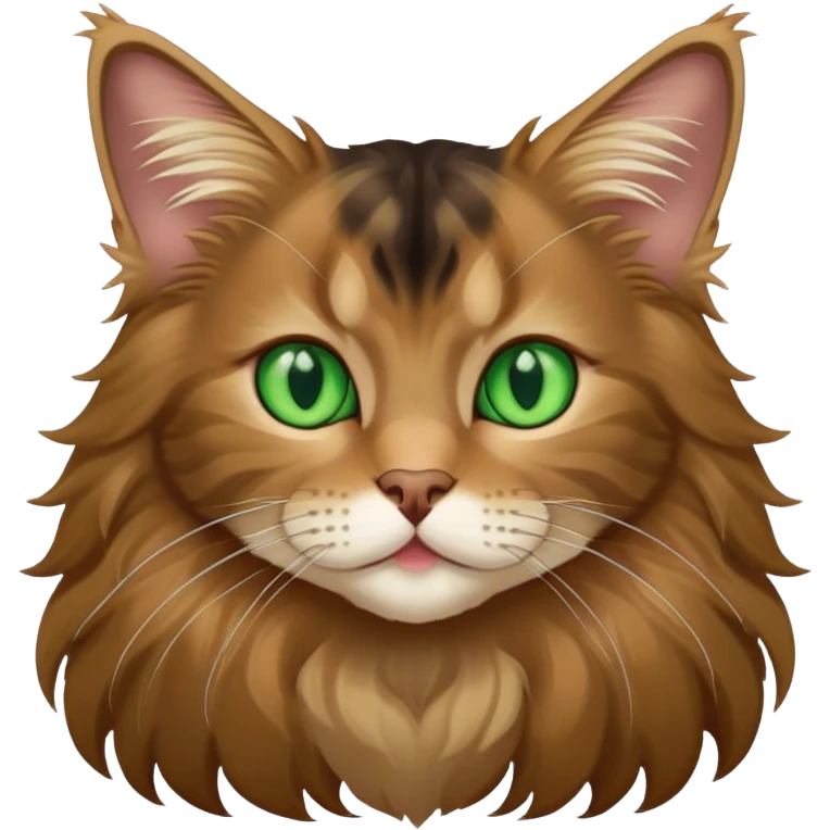 A light brown and black long haired Maine coon kitty with green eyes and a cute little body emoji
