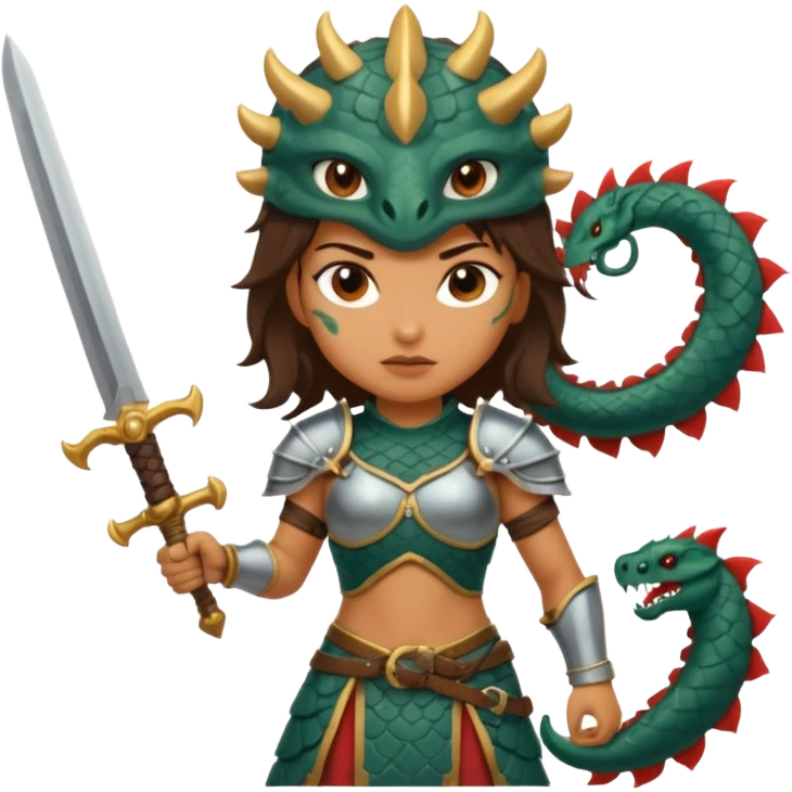 Fierce Latina in armor with a sword after a battle cutting off the head of a hydra emoji
