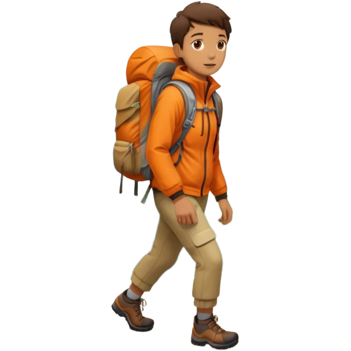 Person hiking through mountains, wearing orange jacket, carrying backpack, scenic landscape emoji