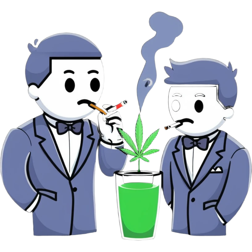 Two men in tuxedos smoking cannabis at a wedding party emoji