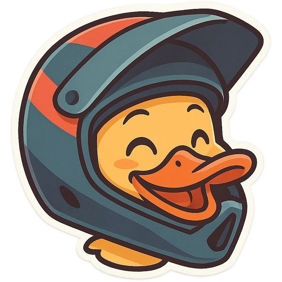 cartoon duck head with a large downhill helmet, playful expression emoji