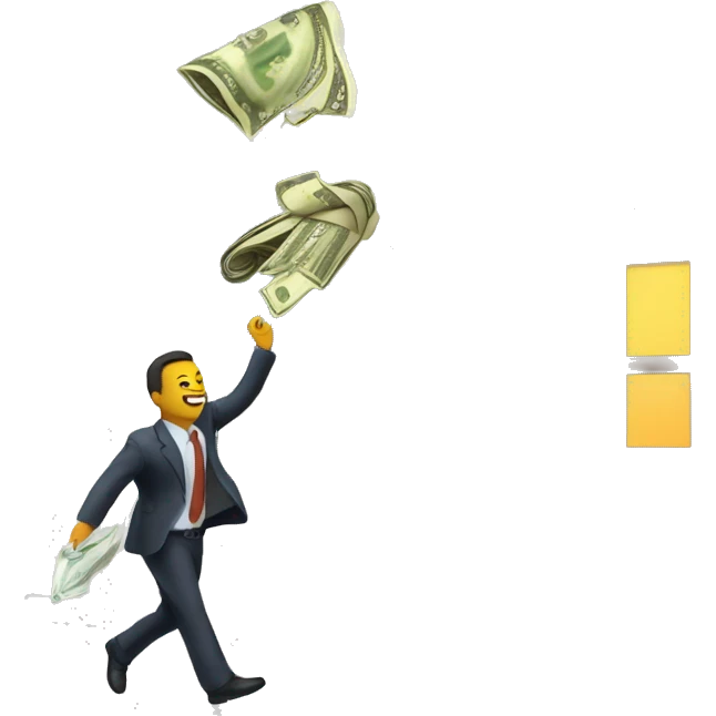 An LLC (Limited Liability Company) building with money falling from the sky and a designer on the building door. emoji