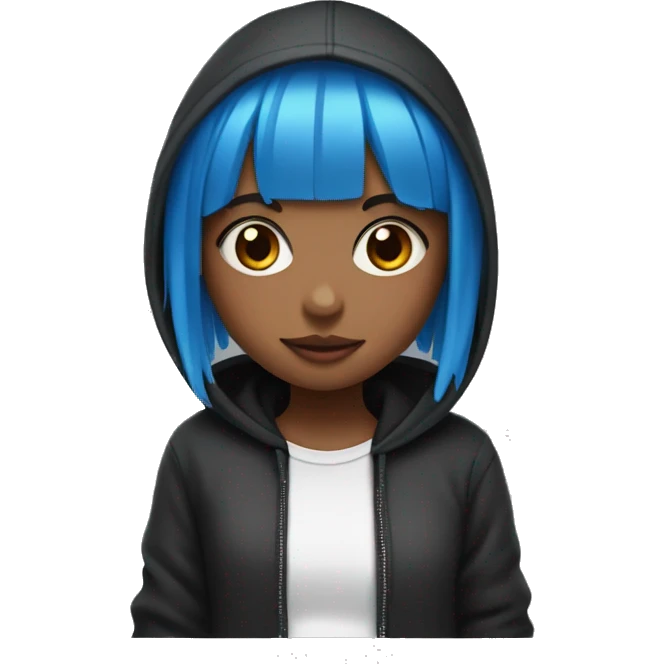 Girl with a blue bang and pink strands and a black hoodie with white strings emoji