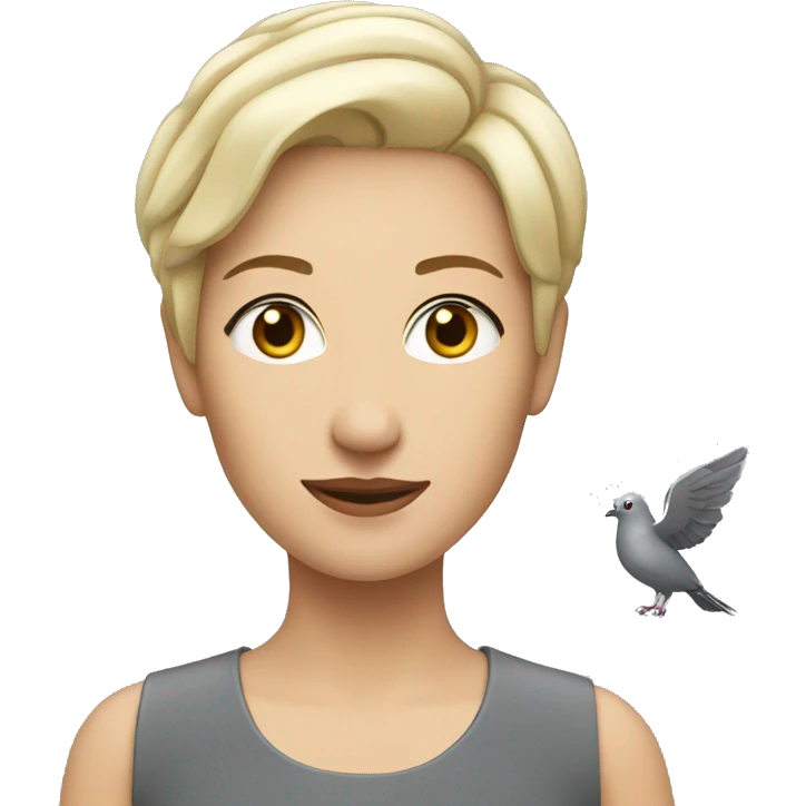 blonde woman with short hair with a gray pigeon on her shoulder emoji