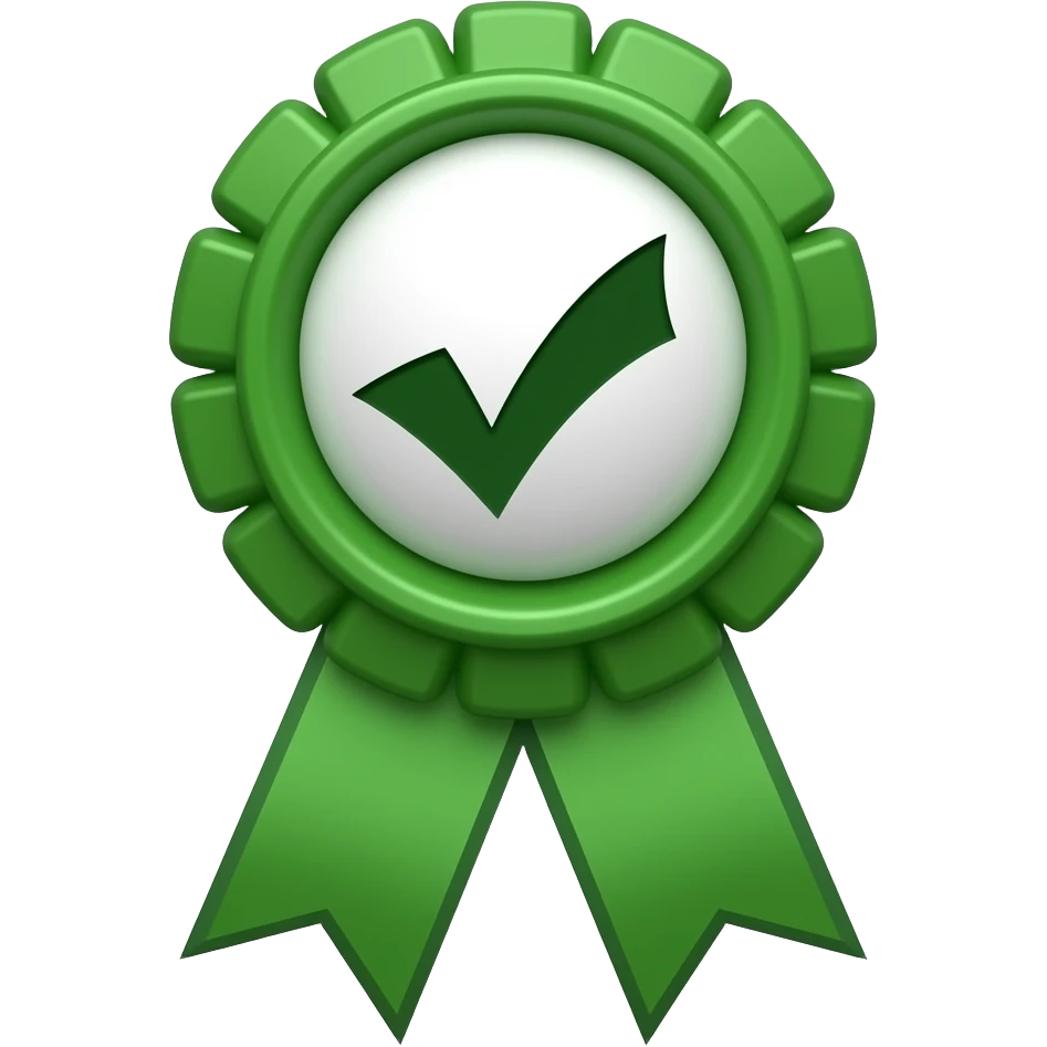 all green Ribbon Badge that has a dark green tick in the middle emoji