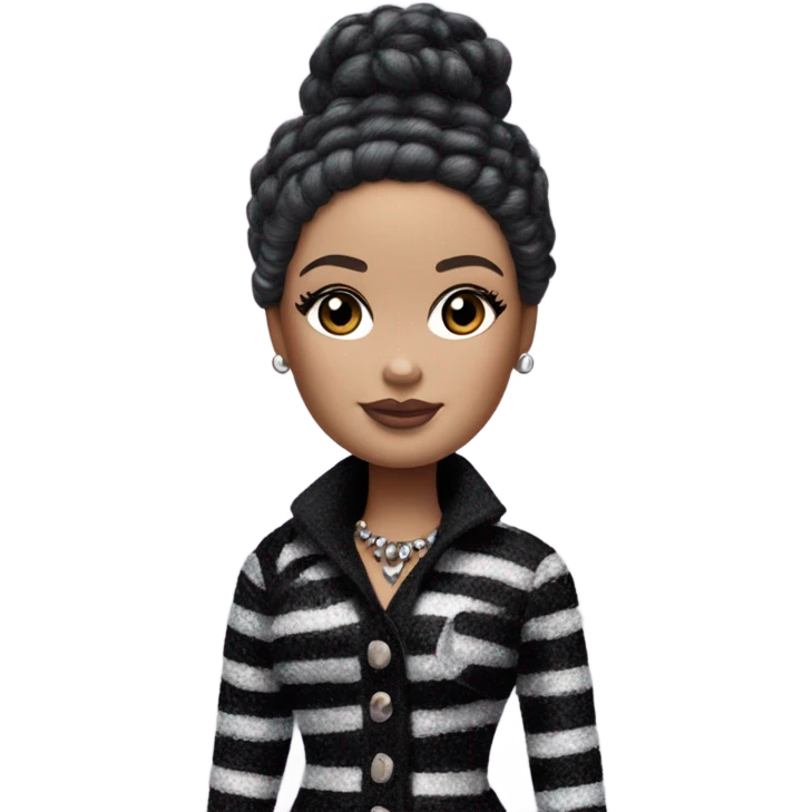 Bouclé Beauty Barbie, Wednesday Addams from academy, in dark-gray and black striped emoji