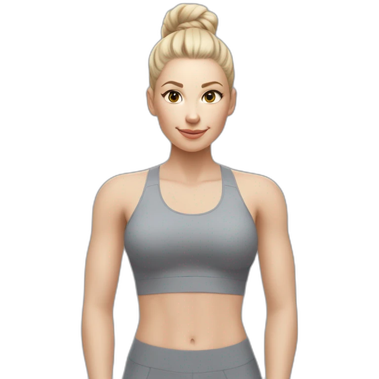 Pale skinned fit woman In a gray tight yoga suit and wristbands With ash blonde hair in a bun doing yoga emoji