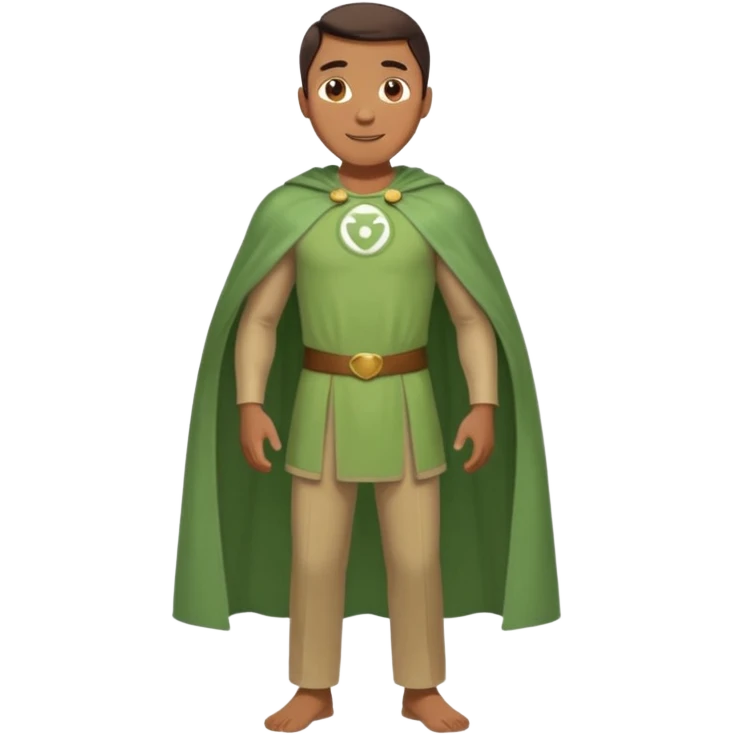 standing up healthy perfect man in simple greenish tunic cape and pants smiling emoji