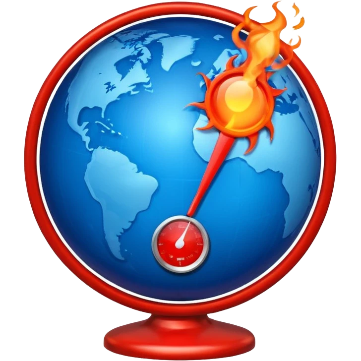 Blue Earth sphere, tilted. Prominent, oversized, fiery red thermometer/gauge, embedded. Indicator peaking 'danger' zone. Stylized orange/red heat waves/wisps rising from top half. Strong blue/red contrast emoji