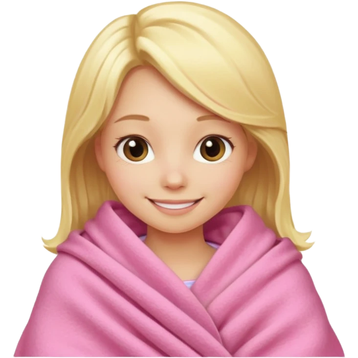 blonde girl wrapped tightly in a pink blanket, smiling emoji