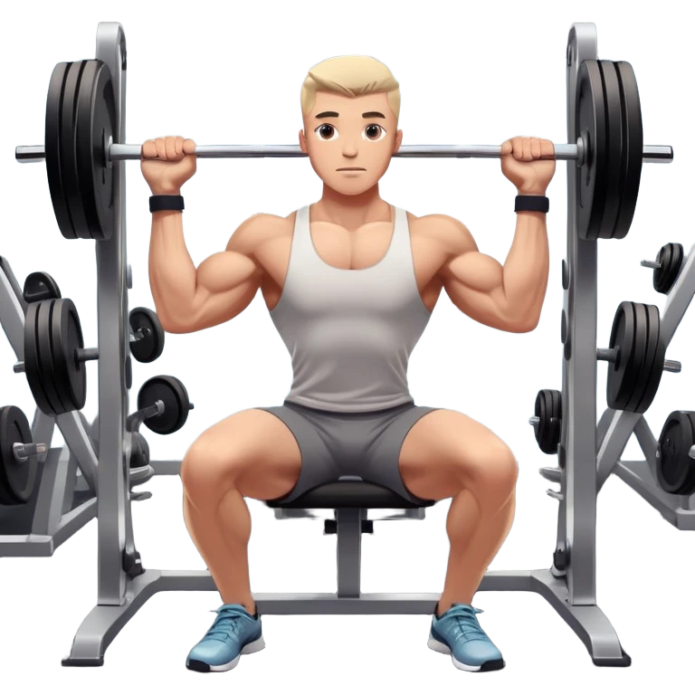 A focused athlete working out on a strength training machine in a modern gym. Muscles engaged, expression determined, demonstrating power and endurance. The gym is filled with equipment like dumbbells, barbells, and mirrors reflecting effort, creating a high-energy atmosphere. emoji