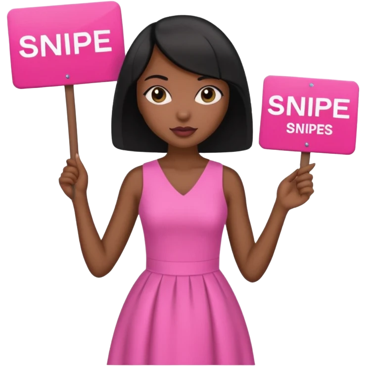 Dark skin woman with black bob in hair holding sign that says snipe  wearing pink dress  pink sign  emoji