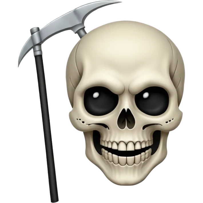 A laughing skull with a scythe crossed behind it, one eye socket winking. Clean, stylized lines, flat vector. Medieval woodcut style. Black and white with one accent color (tarnished silver). No background. emoji
