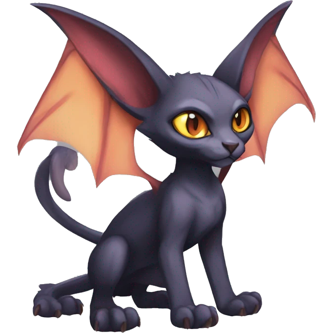 Black cool vampiric Noivern-Litten-Sphynx-Lykoi-Caracal-Fakemon with big bat ears full-body emoji