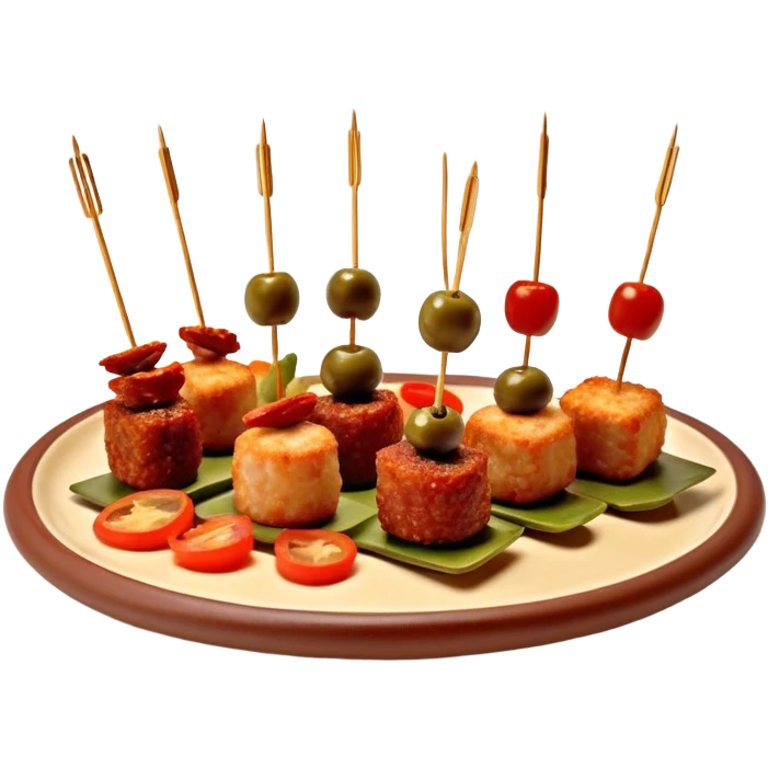 Tapas (4 Pintxos) Cinematic Realistic Tapas Dish Emoji, depicted as an assortment of 4 pintxos elegantly arranged on a plate, rendered with lifelike textures and vibrant, inviting lighting. emoji