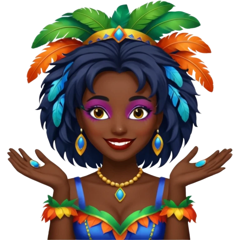 i need the same girl in "dark skin girl, dark red lipstick, nails very beautiful" to be smiling in "carnival mas costume, blue, green and orange preferably, full costume feathers at the back" she is to be smiling, hair should be dark shoulder length, black nail polish on her fingers  emoji