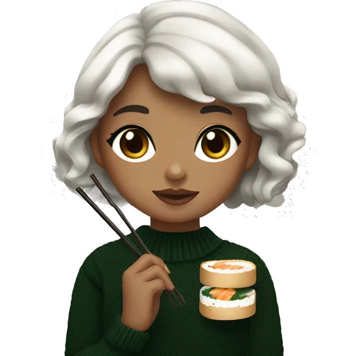 A girl with medium skin tone, dark brown short wavy hair, dark brown eyes, black nails, dark green sweater, black nails, eating sushi with chopsticks emoji