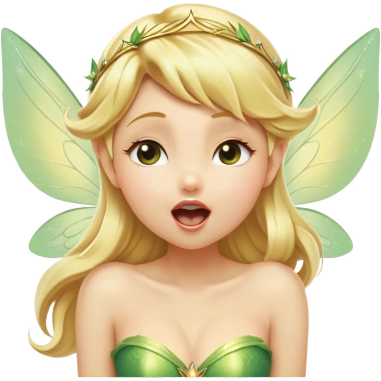 Cinematic Realistic Blonde Tinker Bell Fairy Portrait, head tilted slightly with a dramatic, wide-open yawn, revealing a tender, drowsy visage with intricately detailed golden blonde hair and softly shimmering wings gently drooping. Her sleepy, sparkling eyes exude a dreamy, ethereal charm, while the soft natural light and high shine emphasize every delicate detail—capturing the essence of an enchanting fairy drifting into a magical slumber. emoji