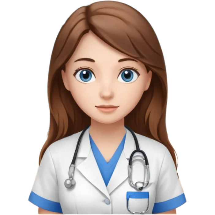 inside a classroom at university that says nursing school on the board with a pretty female nursing student with long brown hair, blue eyes emoji