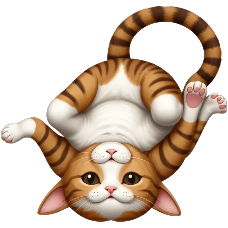 dark brown tabby and white small cat in funny positions upside down with eyes closed emoji