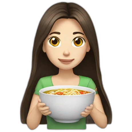 brunette with long hair eating ramen bowl emoji