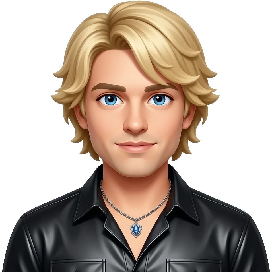 Ashley Parker Angel (Male Singer) from O-Town with blue eyes, blonde shag hair, black metallic shirt, necklace emoji
