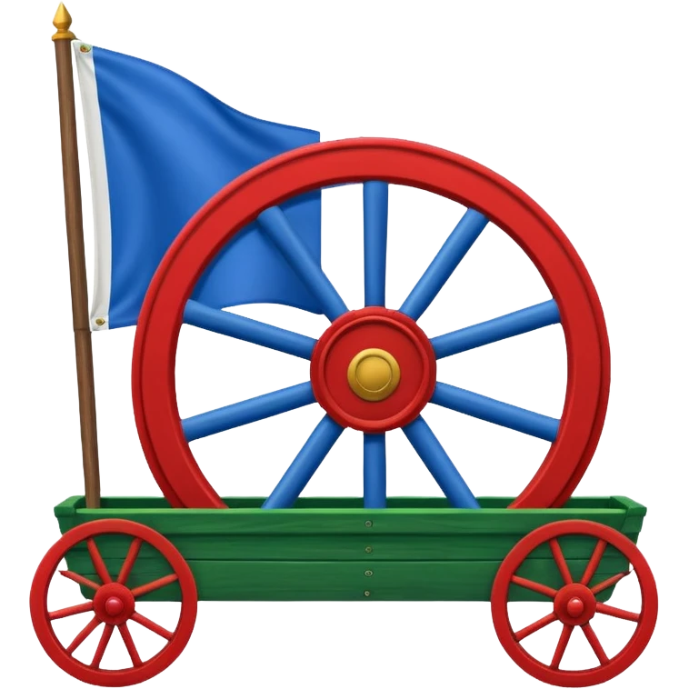 Un drapeau avec la moitié de bleu et l’autre de vert avec une roue de roulotte rouge au centre assez grande emoji