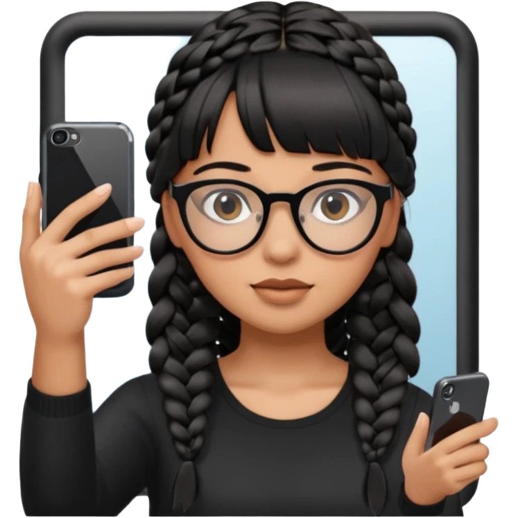 Wearing black braided hair, full bangs, and eyeglasses, taking a mirror selfie with an iPhone emoji