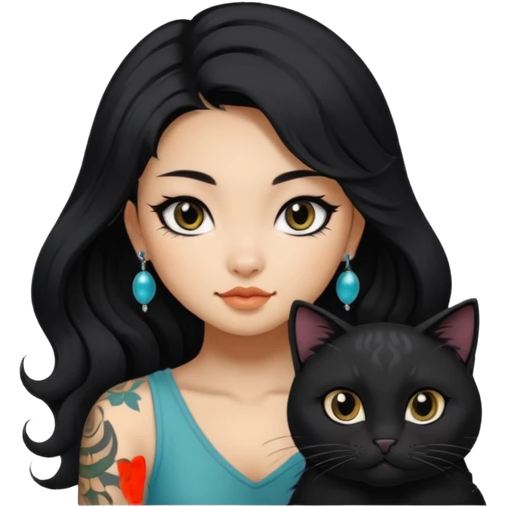 a pretty beautiful Chinese girl with long black  Big Wave hair and tattoos and a black round faced cat and black eyes emoji