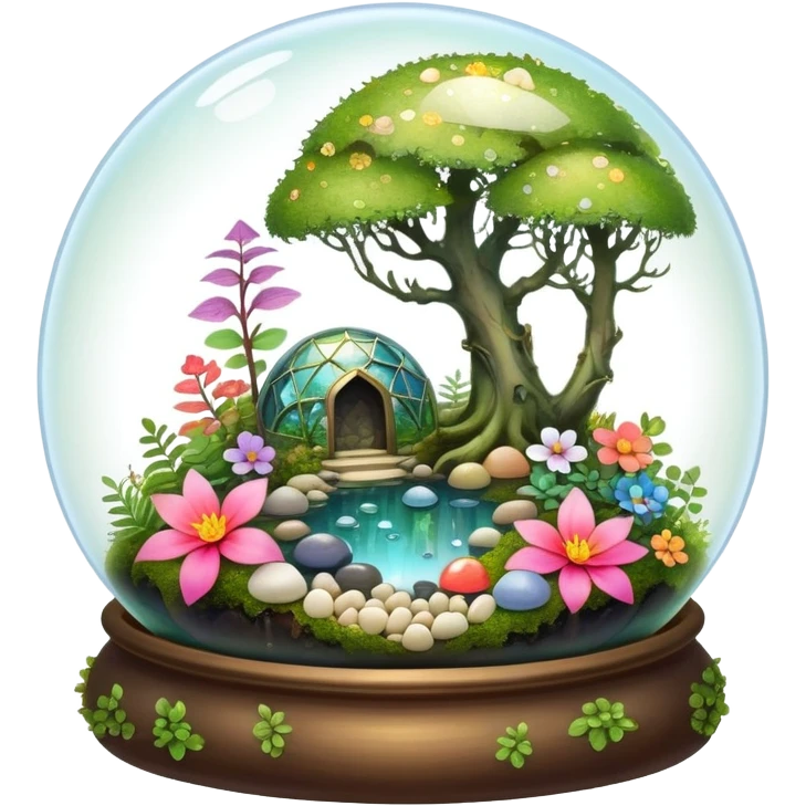Sparkly shiny iridescent Mystical woodland glass-dome-terrarium-globe with moss inside, with marbles, with pebbles, crystals, with bones inside, and flowers inside  emoji