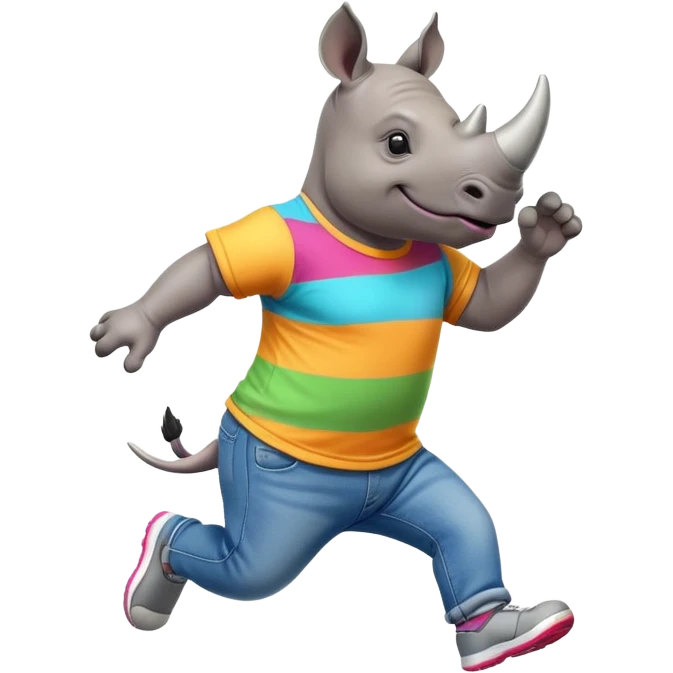 friendly anthropomorphised rhino in jeans and colourful t-shirt, wearing dark sunglasses, jogging upright, jumping with excitement, standard pose emoji