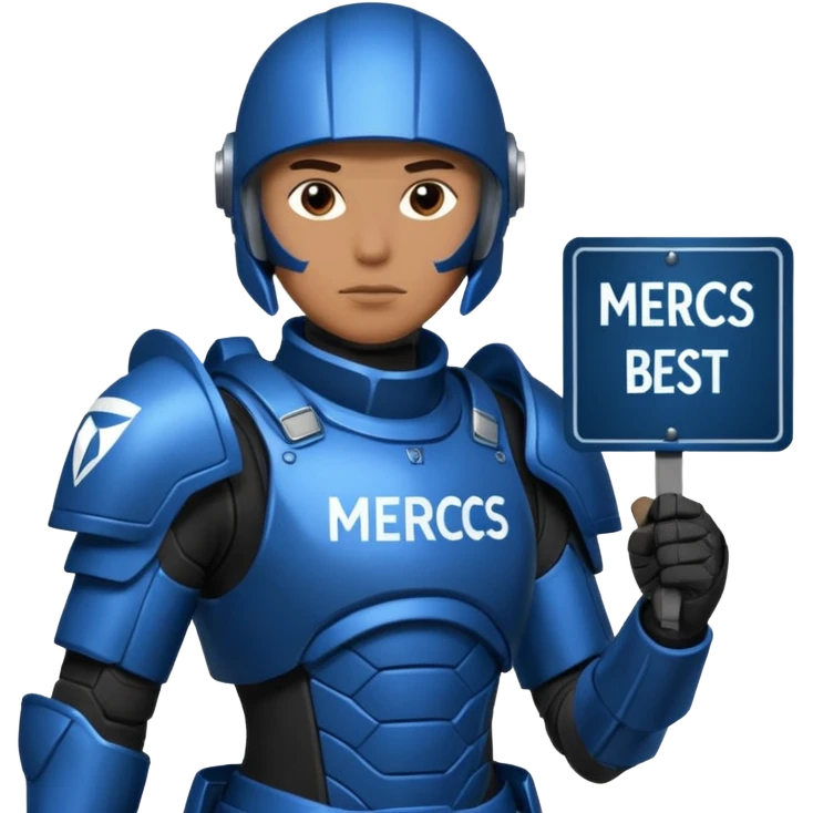 a scifi soldier in blue and black holding a sign saying Mercs, under this scifi in blue and black holding a sign is the text we are the best. in gif emoji